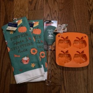 Fall pumpkin Kitchen towels with baking molds and spatula